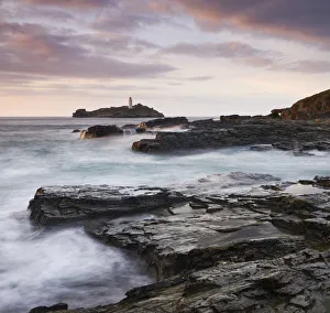 Cornish Prints: Godrevy Lighthouse off the rocky coast of Godrevy Point, Cornwall, England. Autumn