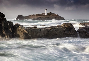 Godrevy Island Prints: Godrevy Lightrhouse and Godrevy Island, near Hayle, North Cornwall, England