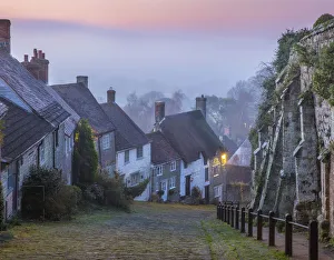 Cobbled Street Prints: Gold Hill at dawn, Shaftesbury, Dorset, England, UK