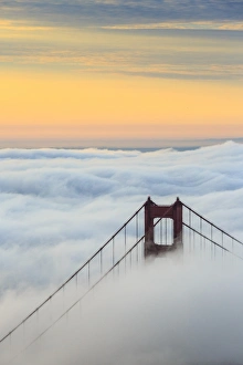 Golden Gate Bridge emerging from the morning fog at sunrise. San Francisco, Marin County