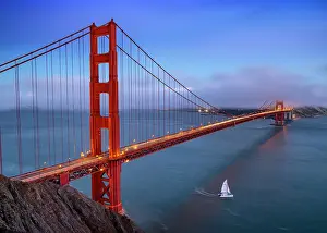 Suspension Bridge Prints: Golden Gate Bridge fog rolling in San Francisco California, USA