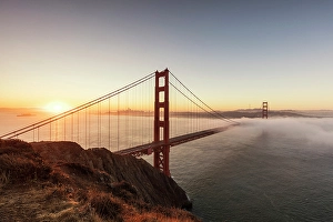 San Francisco Prints: Golden Gate Bridge and fog at sunrise