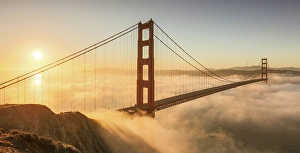 San Francisco Prints: Golden Gate Bridge and fog at sunrise