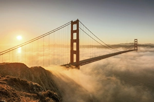 San Francisco Prints: Golden Gate Bridge and fog at sunrise