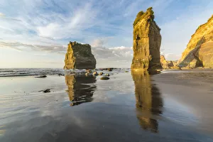 Golden light over the Three Sisters and Elephant Rock. Tongaporutu, New Plymouth district