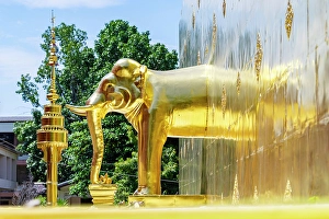 Asian Elephant Prints: Golden statues of elephants, Wat Phra Singh Temple, Chiang Mai, Thailand
