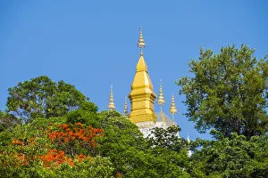 Lao Pdr Prints: Golden stupa atop Mount Phousi (Mount Phu Si), Luang Prabang, Louangphabang Province