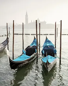 San Marco Prints: Goldolas on the lagoon at dawn, with San Giorgio Maggiore in the background, Venice, Italy