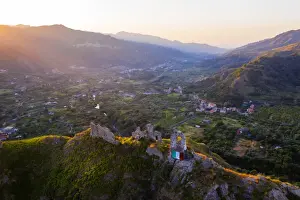 Mediterranean Area Prints: Gole dellaaAlcantara, Sicily. Aerial view of Ruffo castle ruins at sunrise with