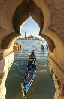 Gondola Prints: Gondola in the Bacino di San Marco overlooking the church of San Giorgio Maggiore, Venice