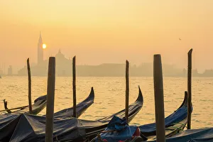 Images Dated 8th February 2023: Gondolas on the Bacino di San Marco with the Church of San Giorgio Maggiore, Venice, Veneto, Italy