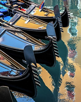 Gondolas Prints: Gondolas with colourful reflections, San Marco, Venice, Italy