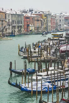 Gondolas on the Grand Canal with snow, Venice, Veneto, Italy