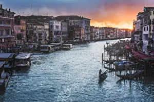 Images Dated 17th January 2018: Gondolas on the Grand Canal at sunset, Venice, Veneto, Italy