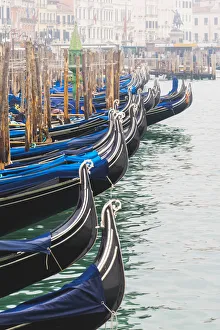 Gondolas in the mist on St Marks waterfront, Venice, Veneto, Italy