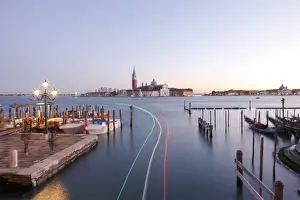Gondolas moored in the Bacino di San Marco overlooking the church of San Giorgio Maggiore