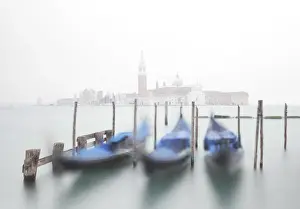 Gondola Prints: Gondolas moored at the Bacino di San Marco with a slightly visible Church of San Giorgio Maggiore