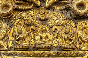 Swayambhunath Prints: Detail of goold reliefs on the Swayambunath temple (aka Monkey Temple), Kathmandu, Nepal