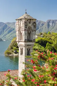 Como Province Prints: Gothic bell tower of S. Mary Magdalene church in Ospedaletto and Isola Comacina in