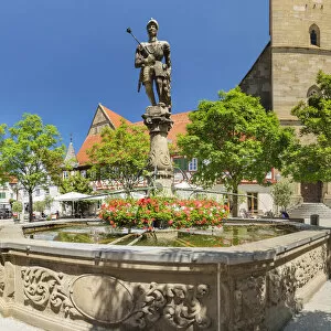 Images Dated 17th September 2021: Graf Albrecht fountain at the market square, Mesner Stiftskirche church, Ohringen, Hohenlohe