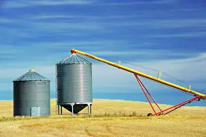 Grain bins and auger near Beechy, Saskatchewan, Canada