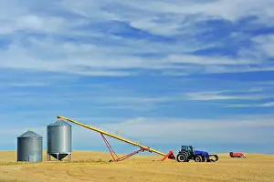 Tractor Prints: Grain bins, tractor and auger near Beechy Saskatchewan, Canada