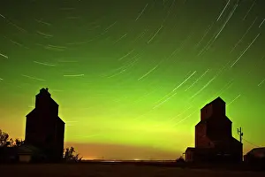 Grain elevator in ghost town with northern lights in the northern sky Lepine, Saskatchewan, Canada
