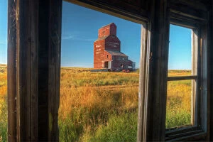 Saskatchewan Collection: Grain elevator from inside old general store in ghost town Bents Saskatchewan, Canada