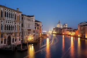 Grand Canal and Santa Maria della Salute Basilica by night, Venice, Veneto, Italy