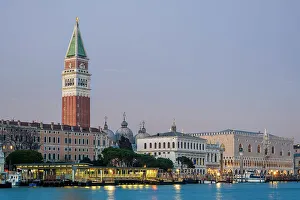 Grand Canal and St. Mark's Campanile at dusk, Venice, Veneto, Italy