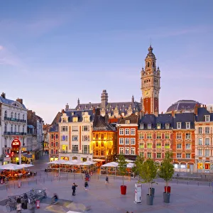 The Grand Place and Lille Chamber of Commerce Belfry at Dusk, Lille, France