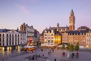 The Grand Place and Lille Chamber of Commerce Belfry at Dusk, Lille, France