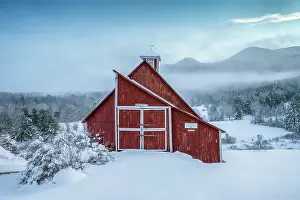 Q3 2025 Prints: Grand View Farm in winter with fog below Mount Mansfield