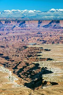 Formations Prints: Grand View Point Overlook in winter with La Sal snowy mountains in background, Canyonlands
