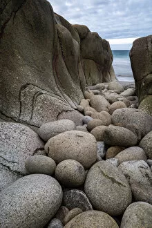 Images Dated 9th June 2020: Granite boulders in a tiny Cornish cove, Porth Nanven, Cornwall, England. Autumn