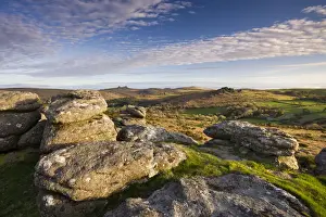 April Prints: Granite outcrop at Hayne Down, looking over moorland towards Hound Tor and Haytor