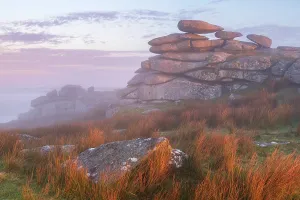 Stowes Hill Prints: Granite Tor on Stowe's Hill at dawn on a misty morning