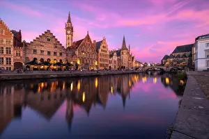 Flanders Prints: Graslei along Lys river with Guil Houses during dusk, Ghent, East Flanders, Belgium