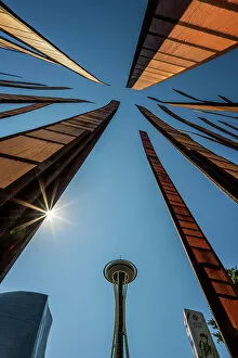The Grass Blades sculpture by artist John Fleming with Space Needle in the background, Seattle Center, Seattle