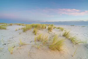 Sand Dunes Gallery: Grass covered sand dunes near List-Ost Lighthouse at sunrise, Ellenbogen, Sylt, Nordfriesland