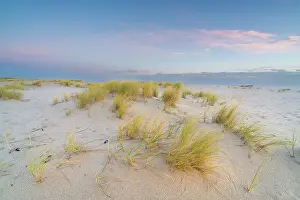 Sand Dunes Prints: Grass covered sand dunes near List-Ost Lighthouse at sunrise