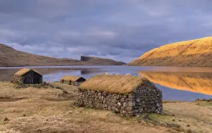 April Prints: Grassed roof stone barns on the shores of Sorvagsvatn / Leitisvatn