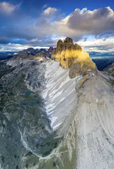Physical Geography Prints: Grava Longa lakes at feet of majestic Tre Cime di Lavaredo at sunset, Sesto Dolomites
