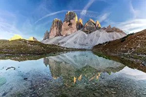 Mirror Lake Prints: Grava Longa lakes at feet of Tre Cime di Lavaredo at sunset
