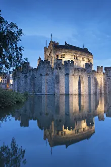 Gravensteen (Castle of the Counts) at dusk, Ghent, Flanders, Belgium