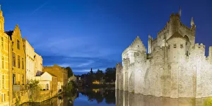 Gravensteen (Castle of the Counts) at dusk, Ghent, Flanders, Belgium