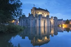 Images Dated 8th July 2016: Gravensteen (Castle of the Counts) at dusk, Ghent, Flanders, Belgium