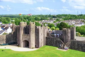 Flag Prints: The Great Gatehouse and Henry VII Tower at Pembroke Castle (Castell Penfro)
