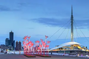 Taiwan Prints: Great Harbour Bridge and art installation of Pier 2 Art Centre at dusk, Kaohsiung, Taiwan