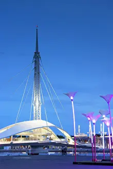 Contemporary Architecture Prints: Great Harbour Bridge and art installation of Pier 2 Art Centre at dusk, Kaohsiung, Taiwan